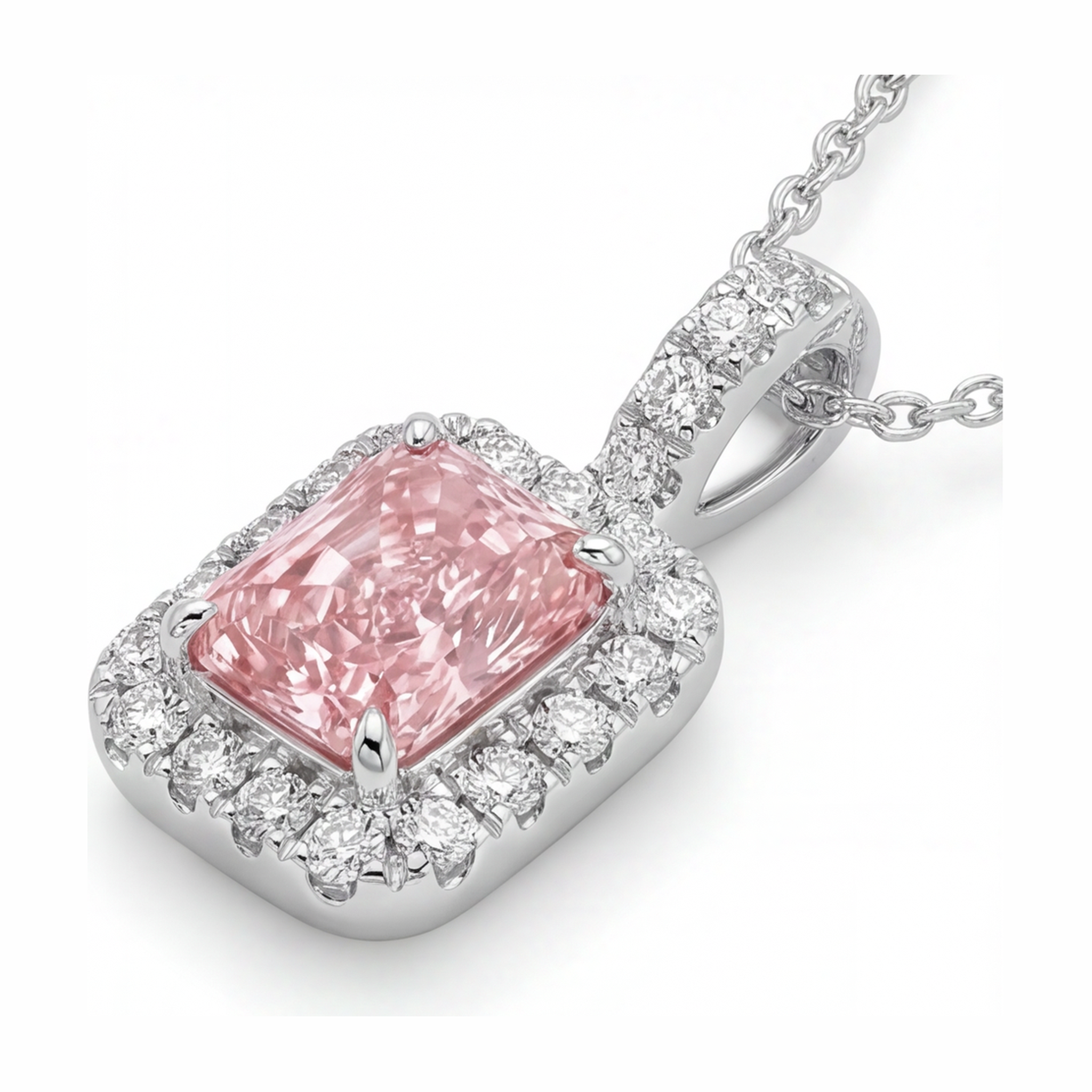 Pink Diamond Necklace 2.25 Carat Lab Grown Radiant Halo Pendant 14K White Gold