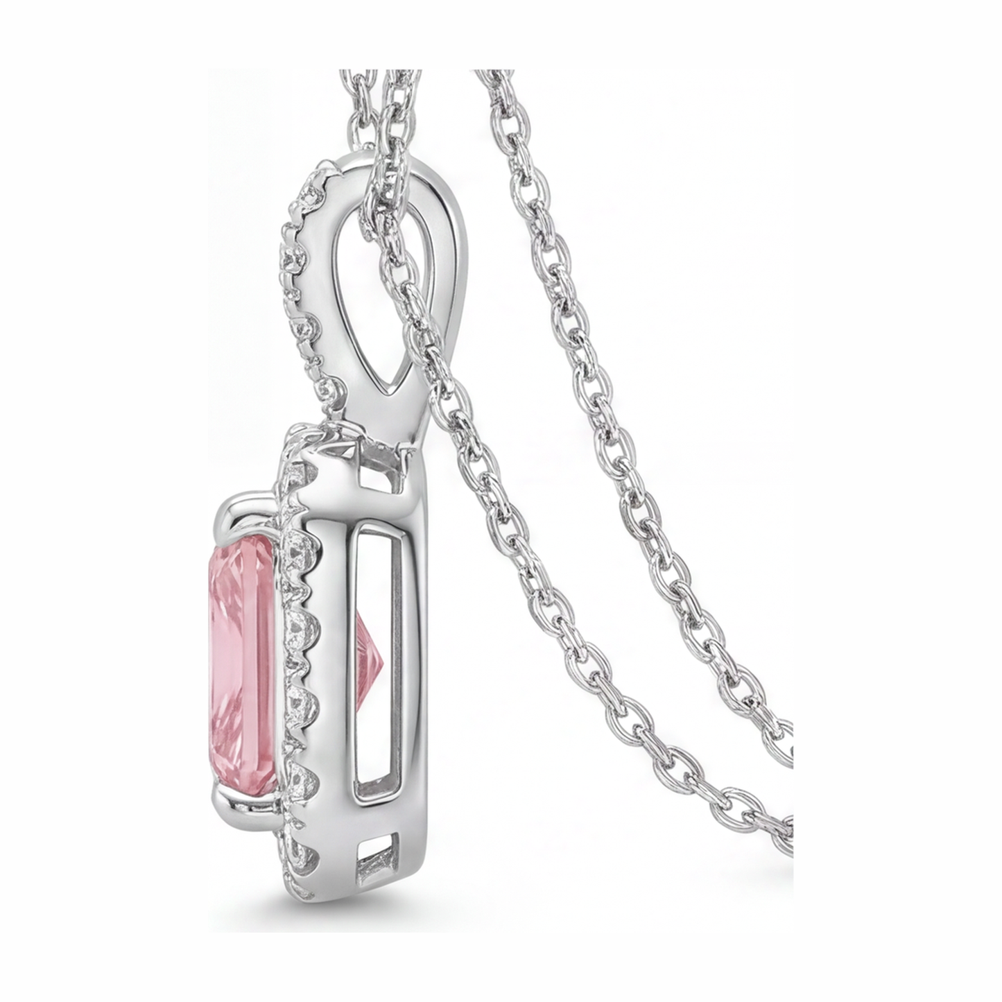 Pink Diamond Necklace 2.25 Carat Lab Grown Radiant Halo Pendant 14K White Gold
