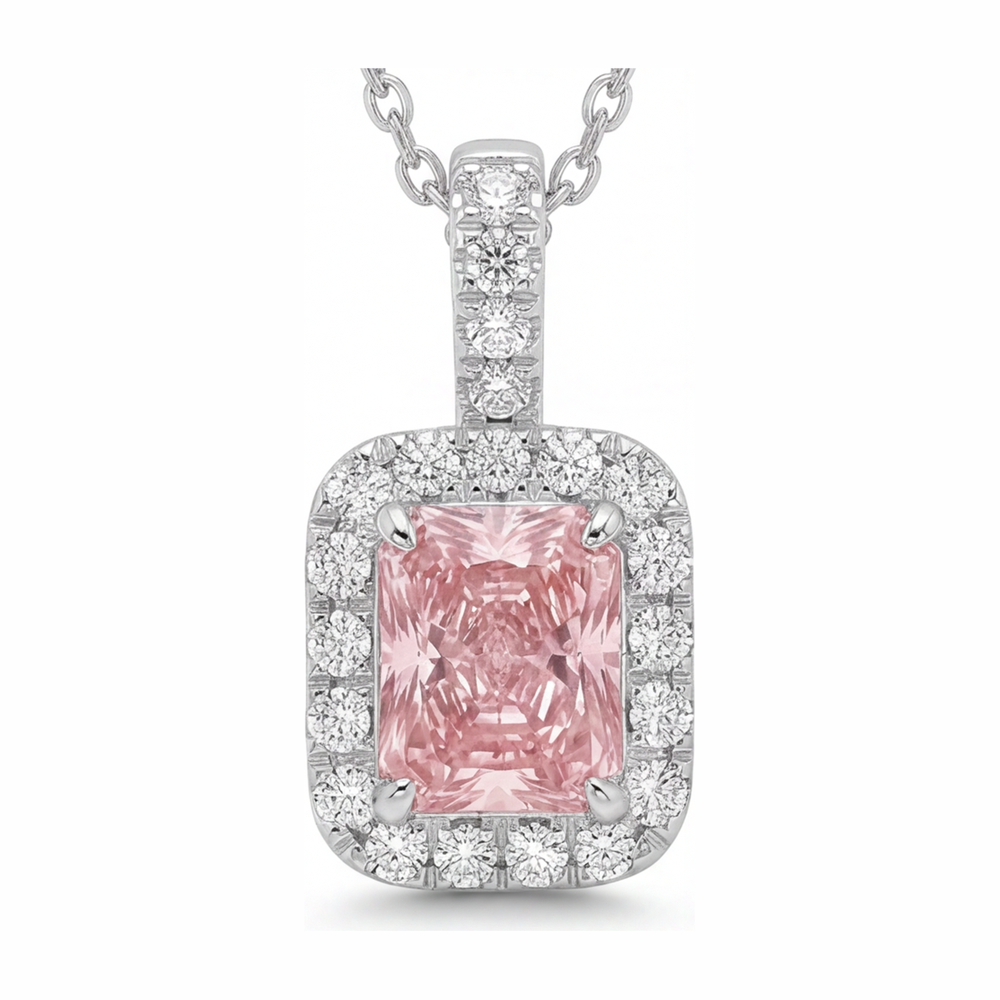 Pink Diamond Necklace 2.25 Carat Lab Grown Radiant Halo Pendant 14K White Gold