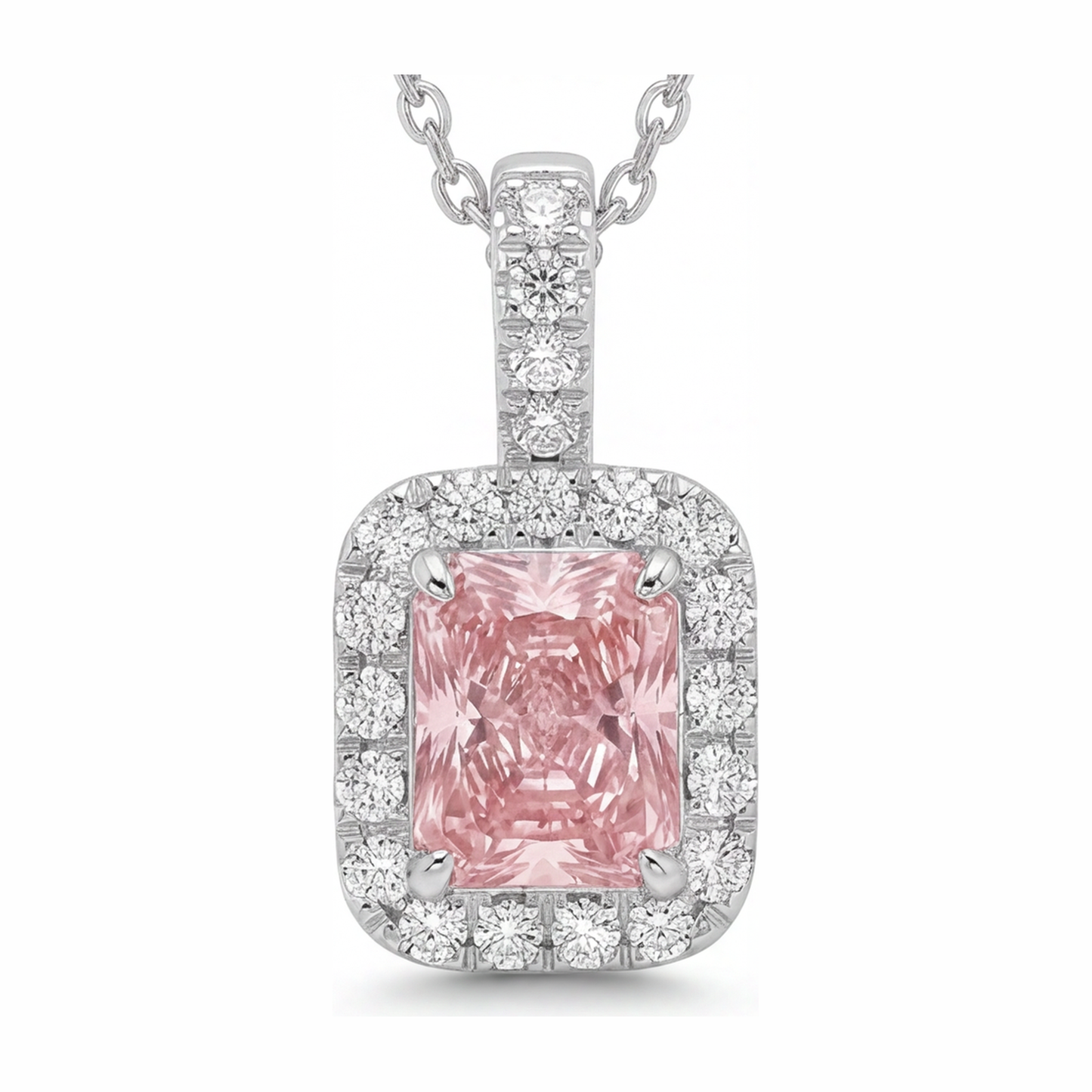 Pink Diamond Necklace 2.25 Carat Lab Grown Radiant Halo Pendant 14K White Gold