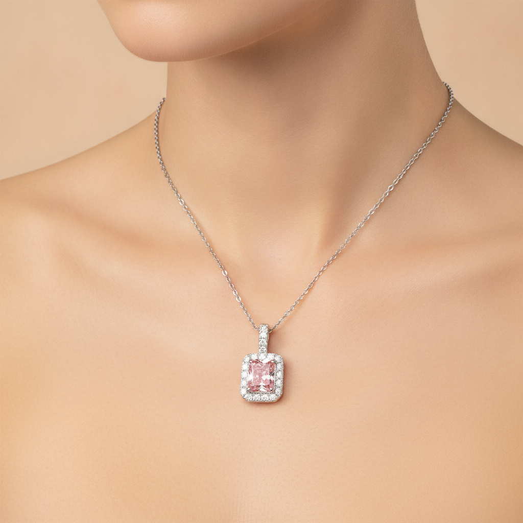 Pink Diamond Necklace 2.25 Carat Lab Grown Radiant Halo Pendant 14K White Gold
