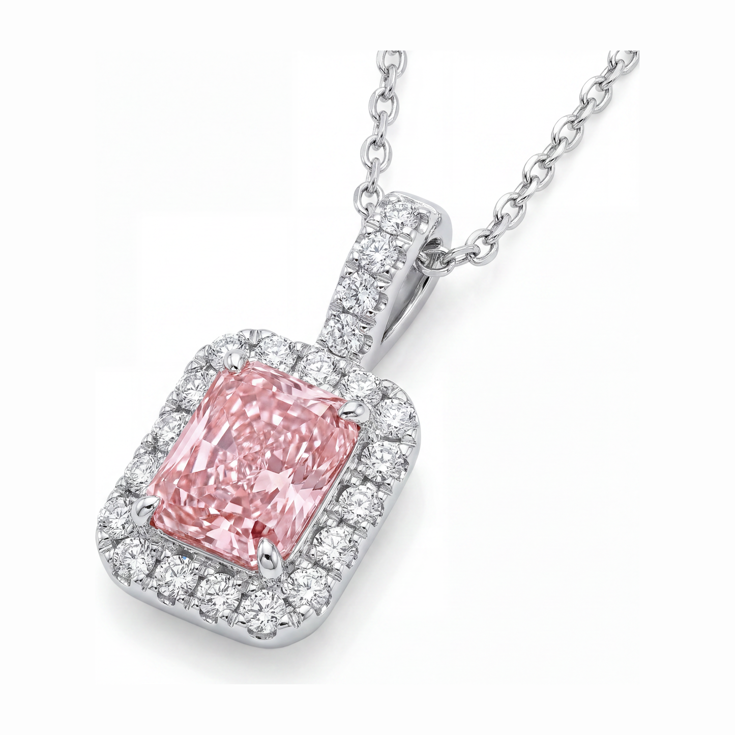 Pink Diamond Necklace 2.25 Carat Lab Grown Radiant Halo Pendant 14K White Gold