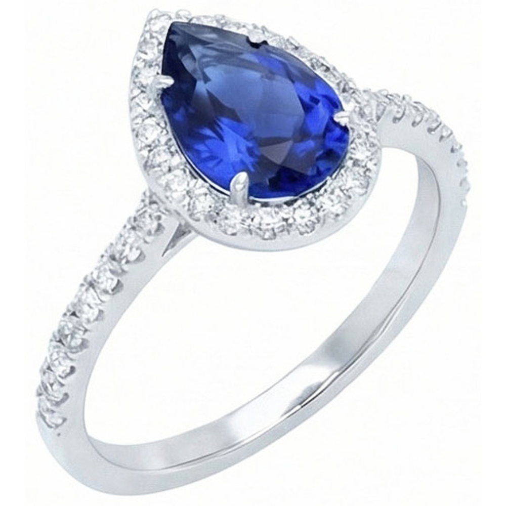 2.30 Carats Pear Cut Sri Lanka Blue Sapphire & Round Natural Earth Mined Diamond Ring