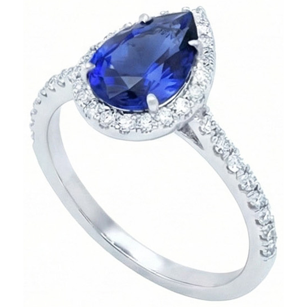 2.30 Carats Pear Cut Sri Lanka Blue Sapphire & Round Natural Earth Mined Diamond Ring