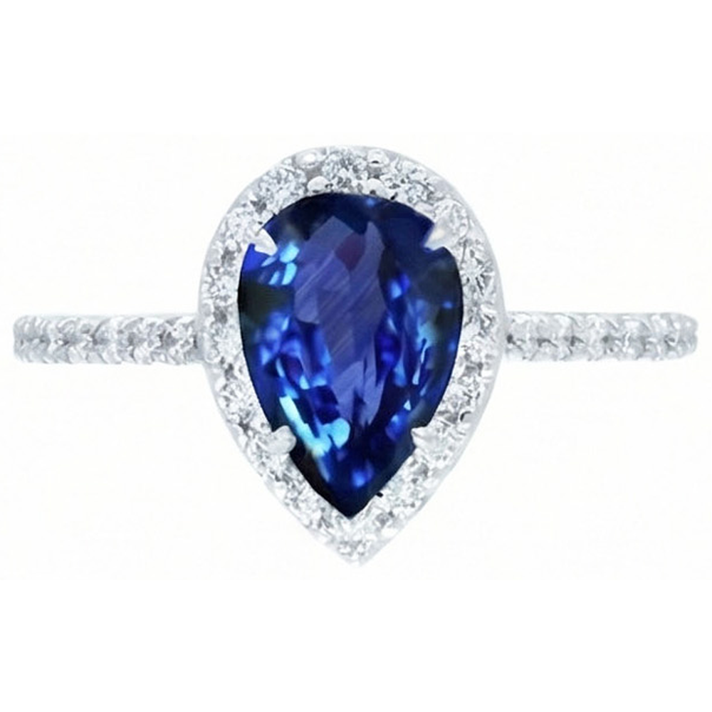 2.30 Carats Pear Cut Sri Lanka Blue Sapphire & Round Natural Earth Mined Diamond Ring