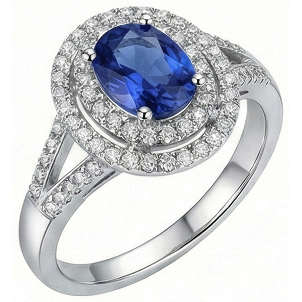 2.45 Ct Blue Oval Sapphire With Natural Earth Mined Diamond Wedding Ring White Gold 14K
