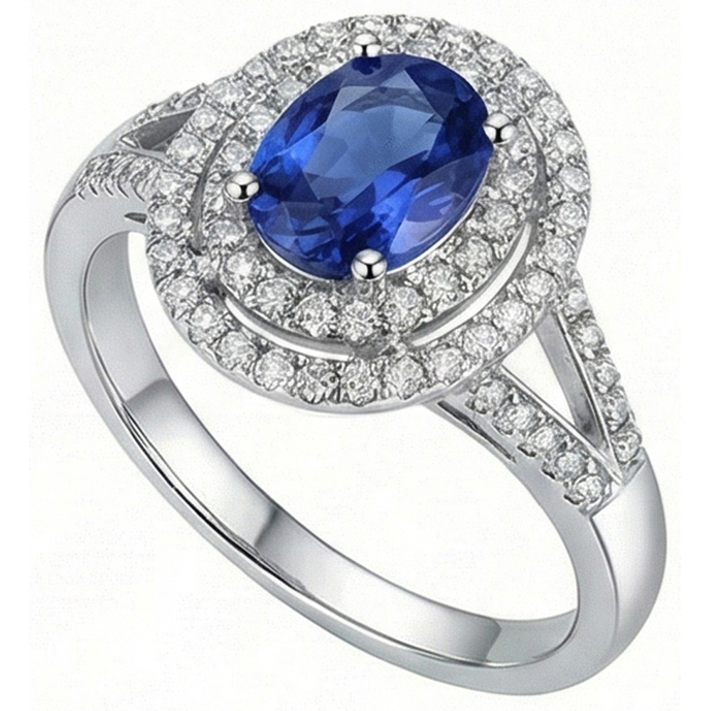 2.45 Ct Blue Oval Sapphire With Natural Earth Mined Diamond Wedding Ring White Gold 14K