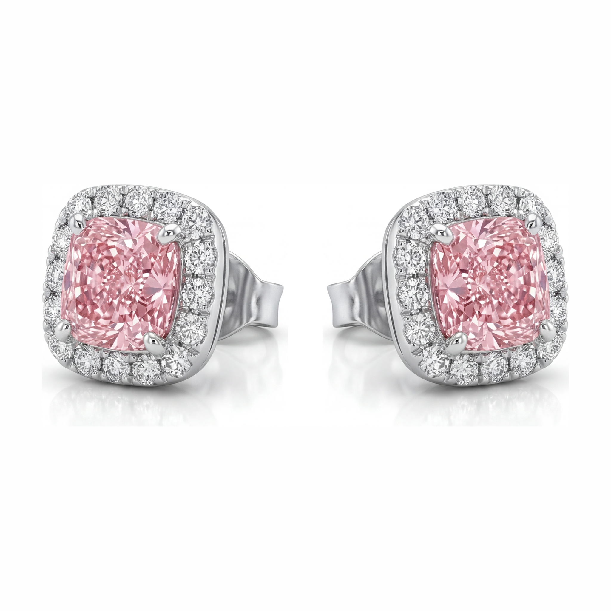Pink Diamond Earrings 2.5 Carat Lab Grown Cushion Halo 14K White Gold