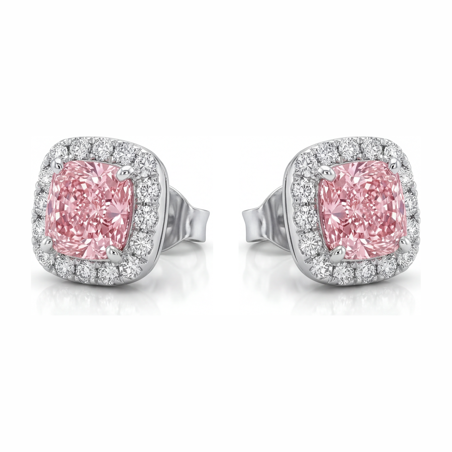 Pink Diamond Earrings 2.5 Carat Lab Grown Cushion Halo 14K White Gold