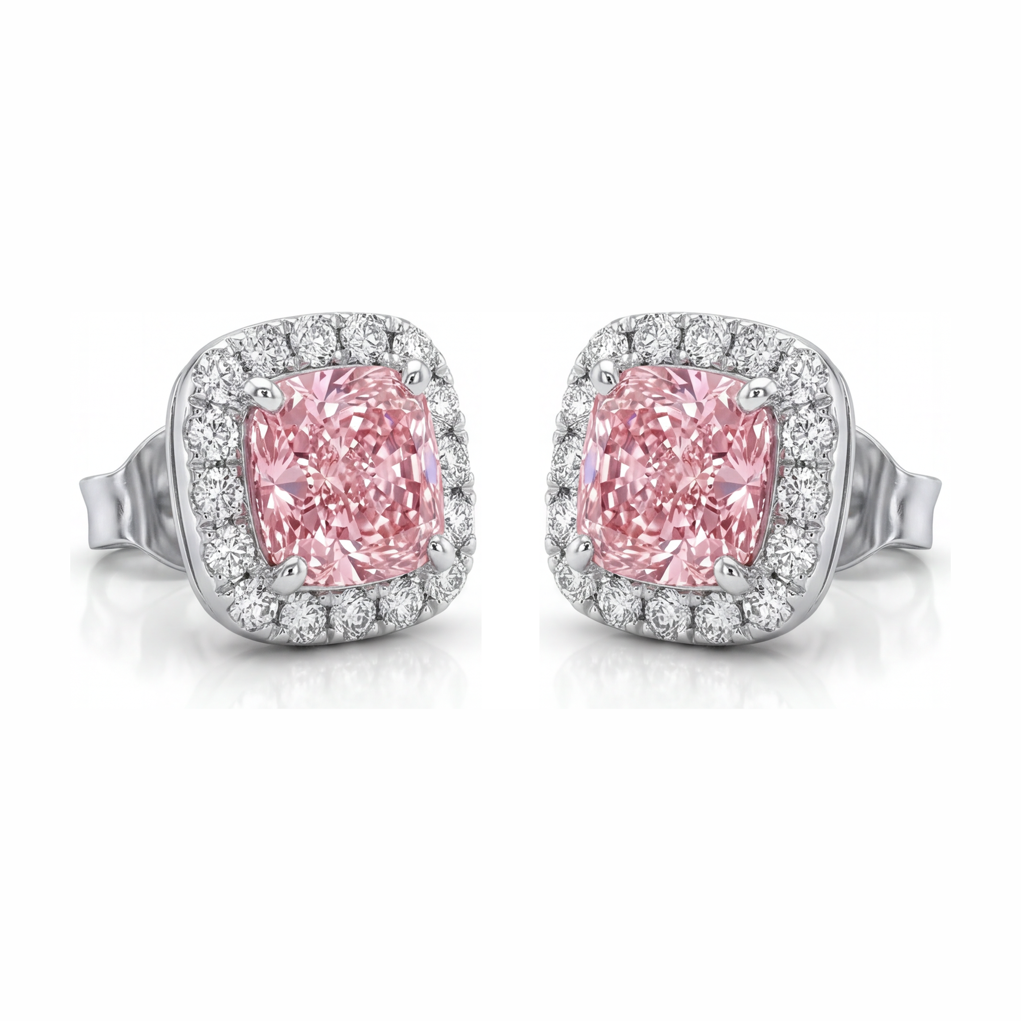 Pink Diamond Earrings 2.5 Carat Lab Grown Cushion Halo 14K White Gold