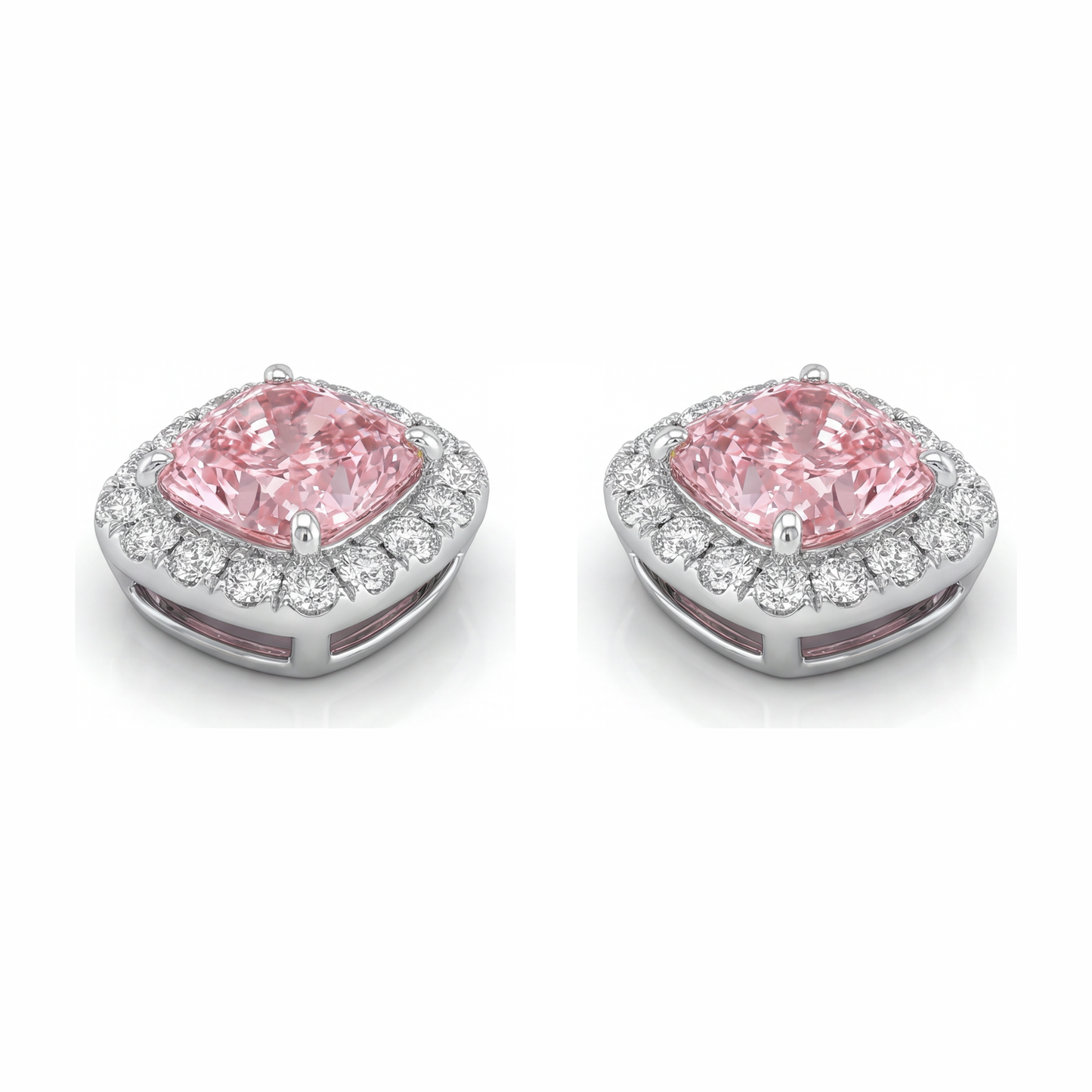 Pink Diamond Earrings 2.5 Carat Lab Grown Cushion Halo 14K White Gold