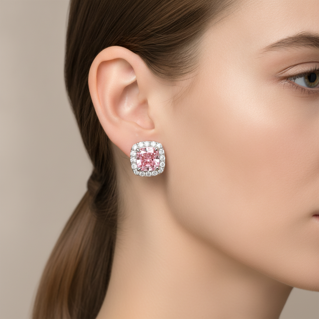 Pink Diamond Earrings 2.5 Carat Lab Grown Cushion Halo 14K White Gold