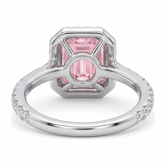 Pink Diamond Ring 2.5 Carat Lab Grown Emerald Halo 14K White Gold