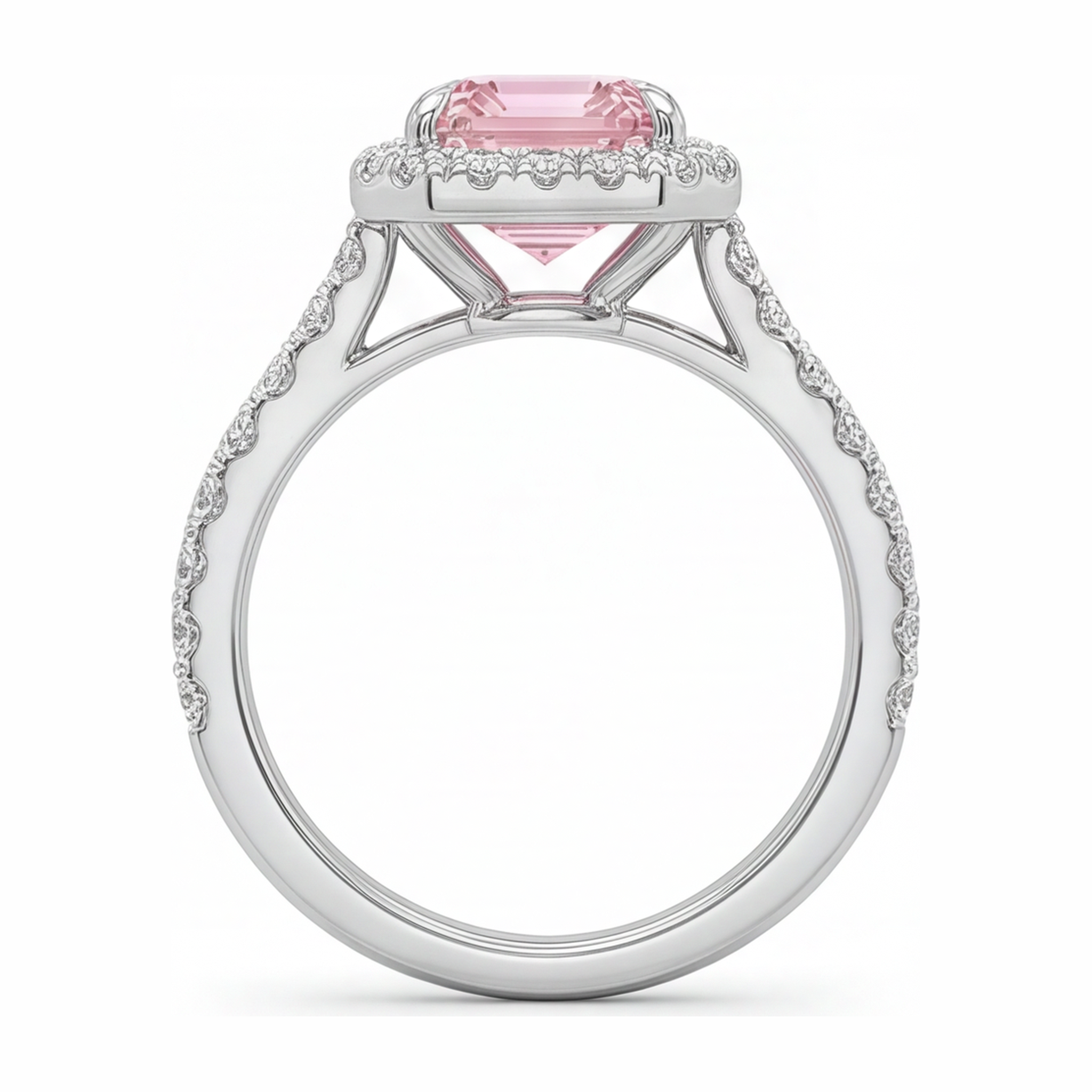 Pink Diamond Ring 2.5 Carat Lab Grown Emerald Halo 14K White Gold