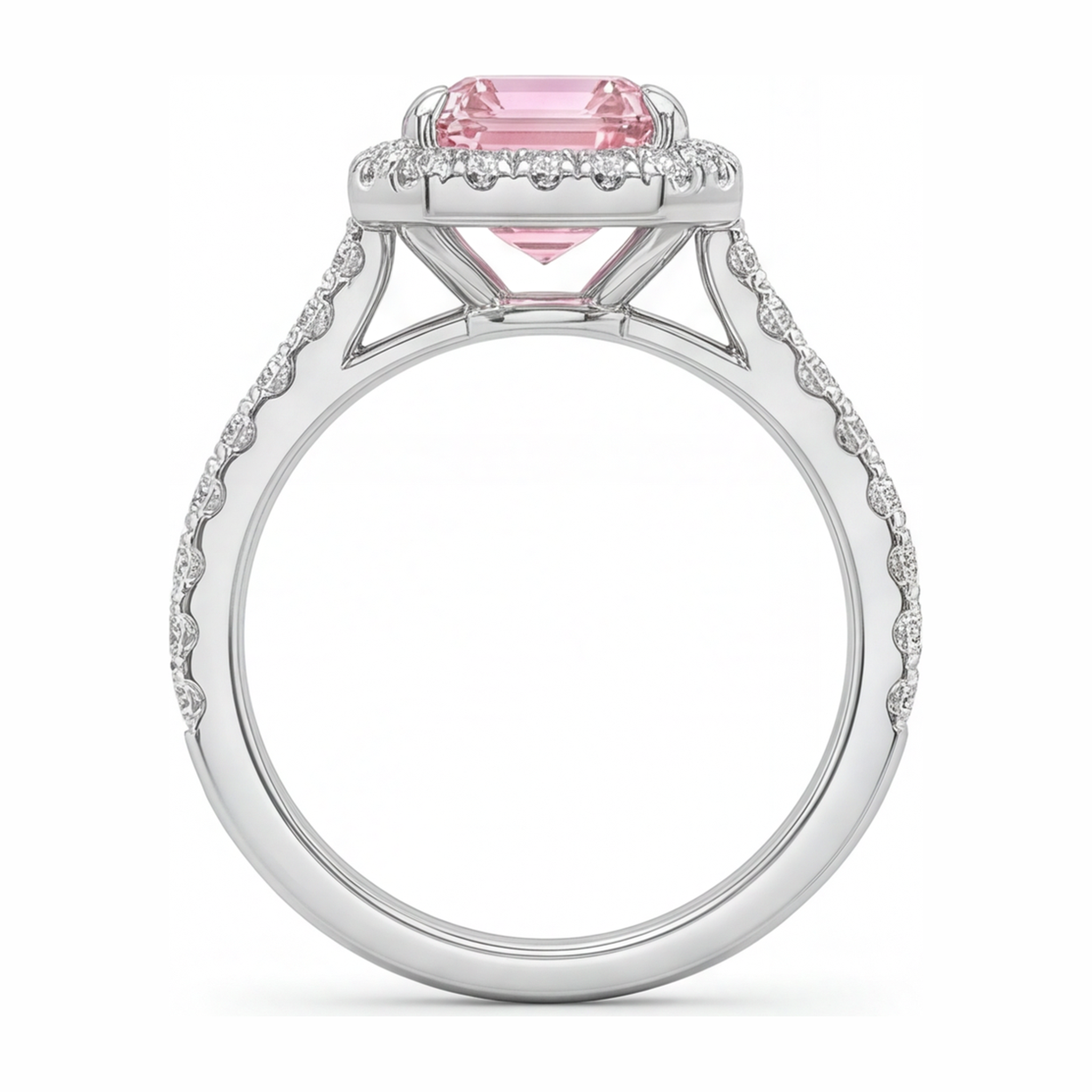 Pink Diamond Ring 2.5 Carat Lab Grown Emerald Halo 14K White Gold
