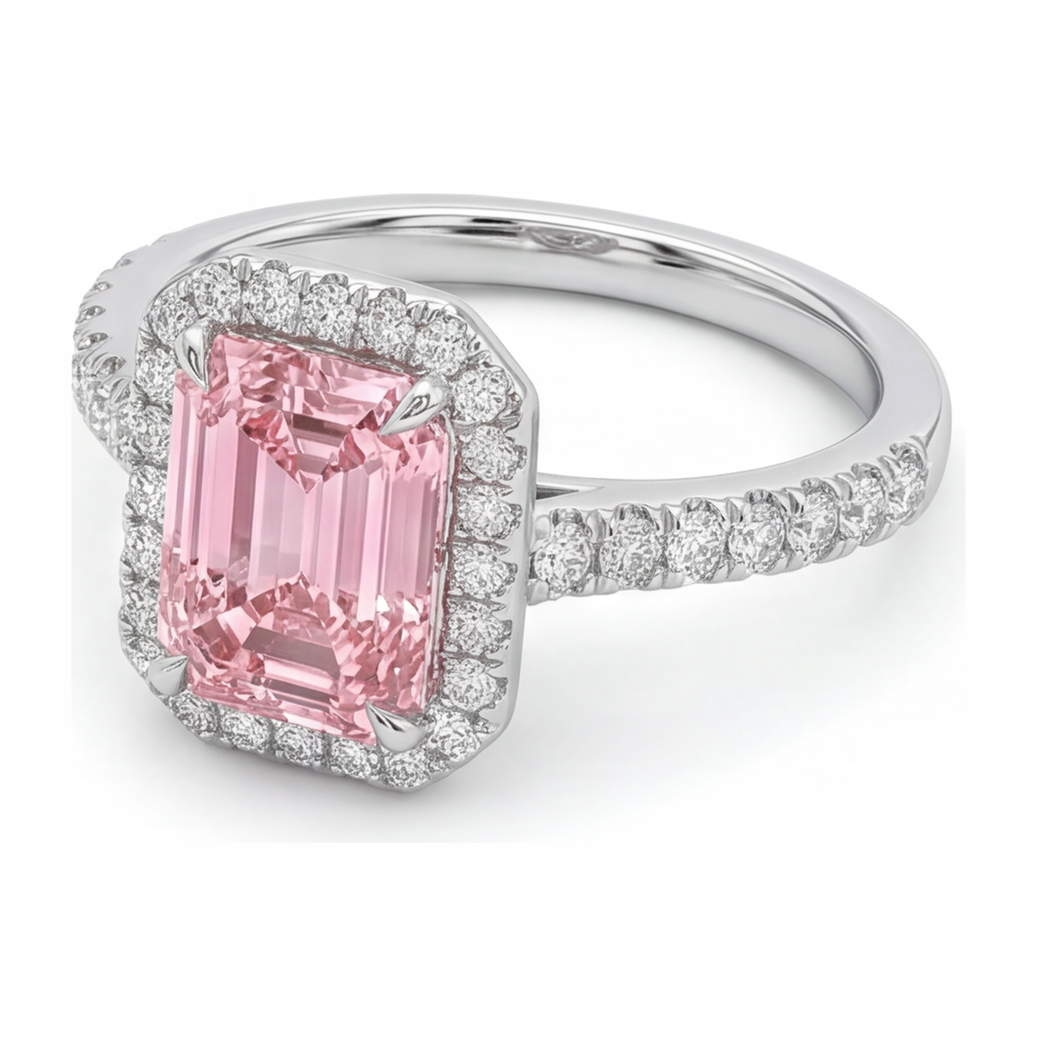 Pink Diamond Ring 2.5 Carat Lab Grown Emerald Halo 14K White Gold