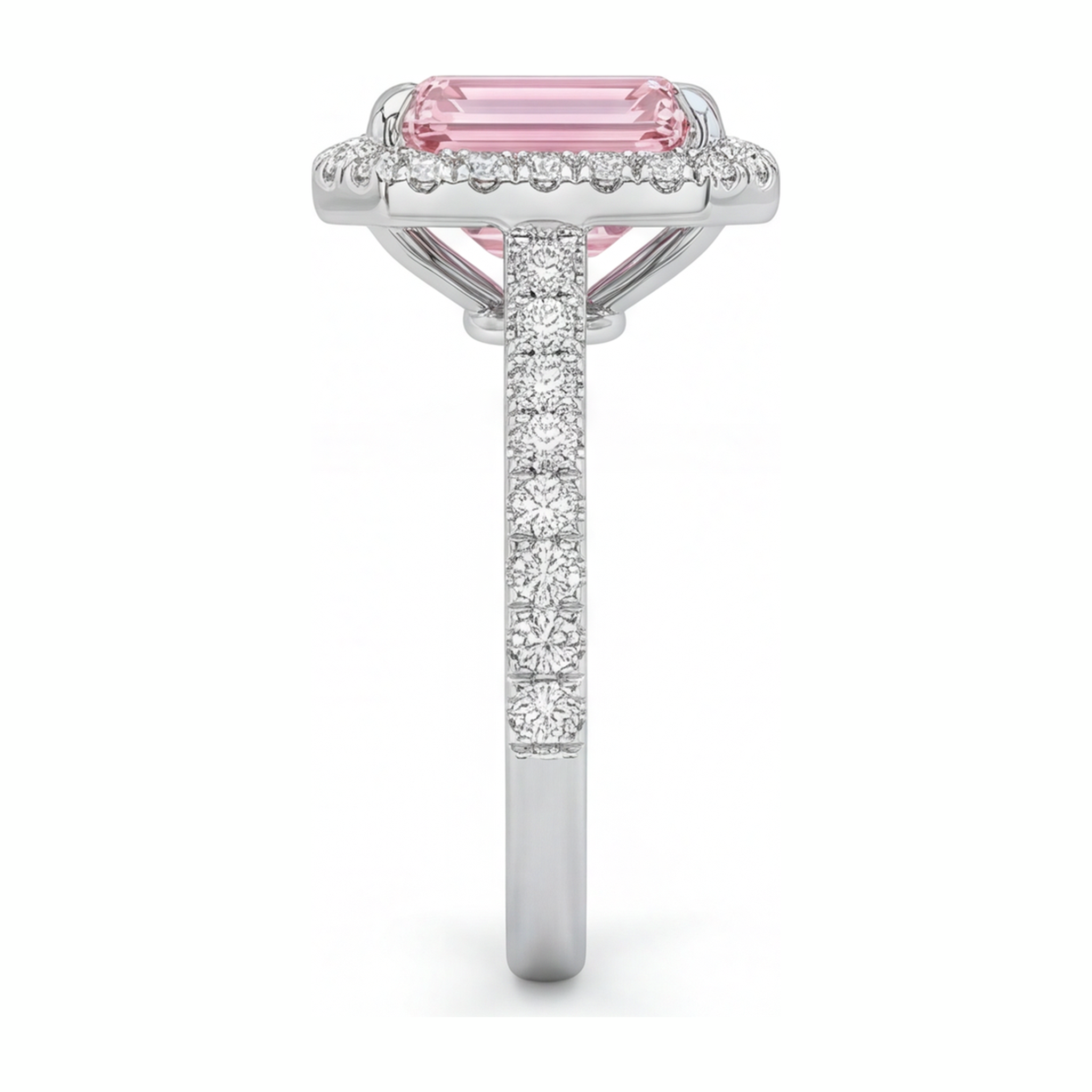 Pink Diamond Ring 2.5 Carat Lab Grown Emerald Halo 14K White Gold