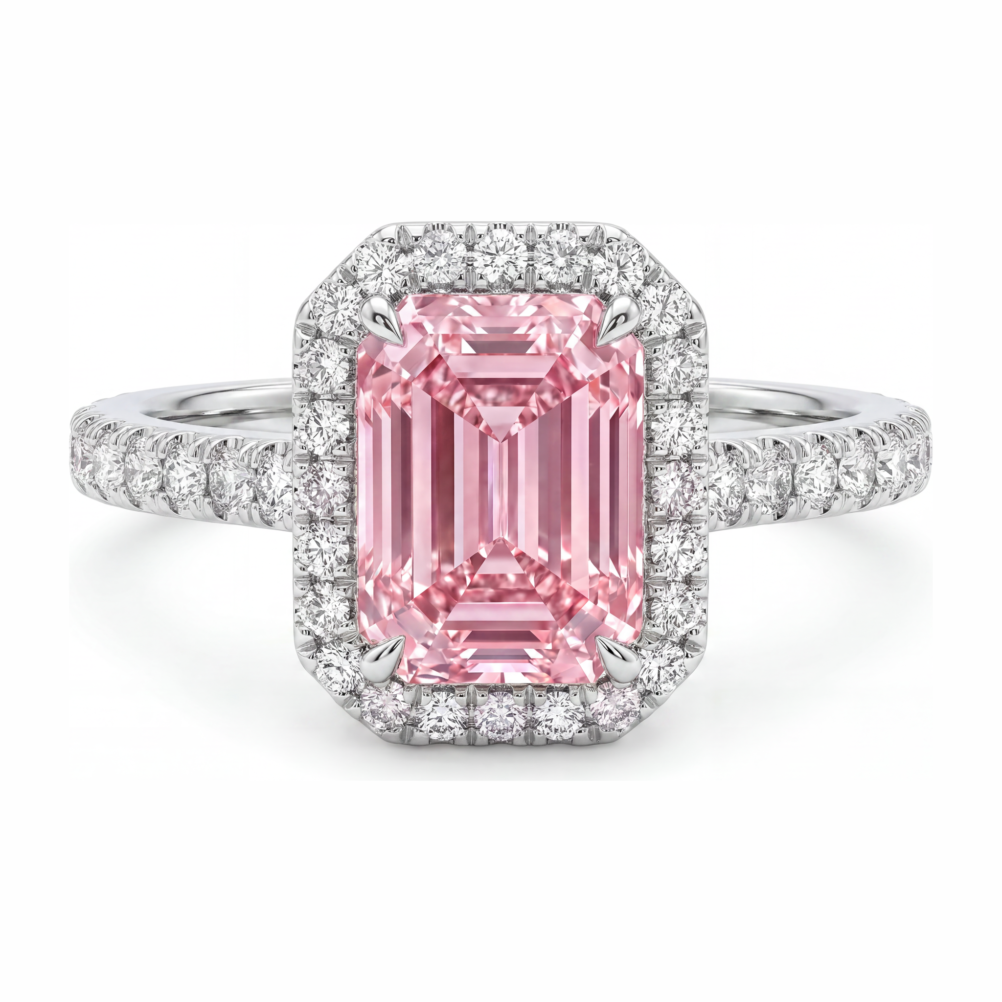 Pink Diamond Ring 2.5 Carat Lab Grown Emerald Halo 14K White Gold