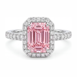 Pink Diamond Ring 2.5 Carat Lab Grown Emerald Halo 14K White Gold