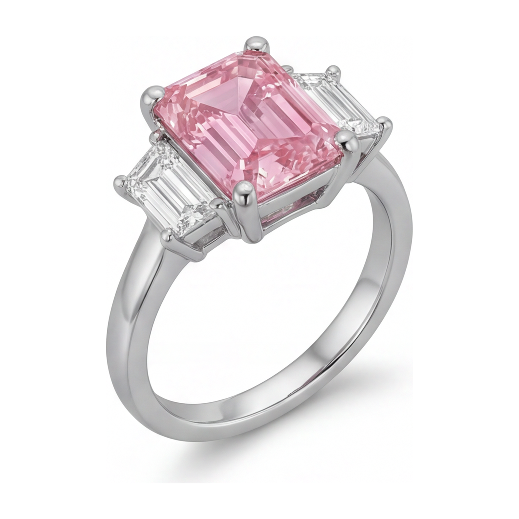 Lab Grown Pink Diamond 2.5 Carat Emerald Three Stone Plain Ring 14K White Gold
