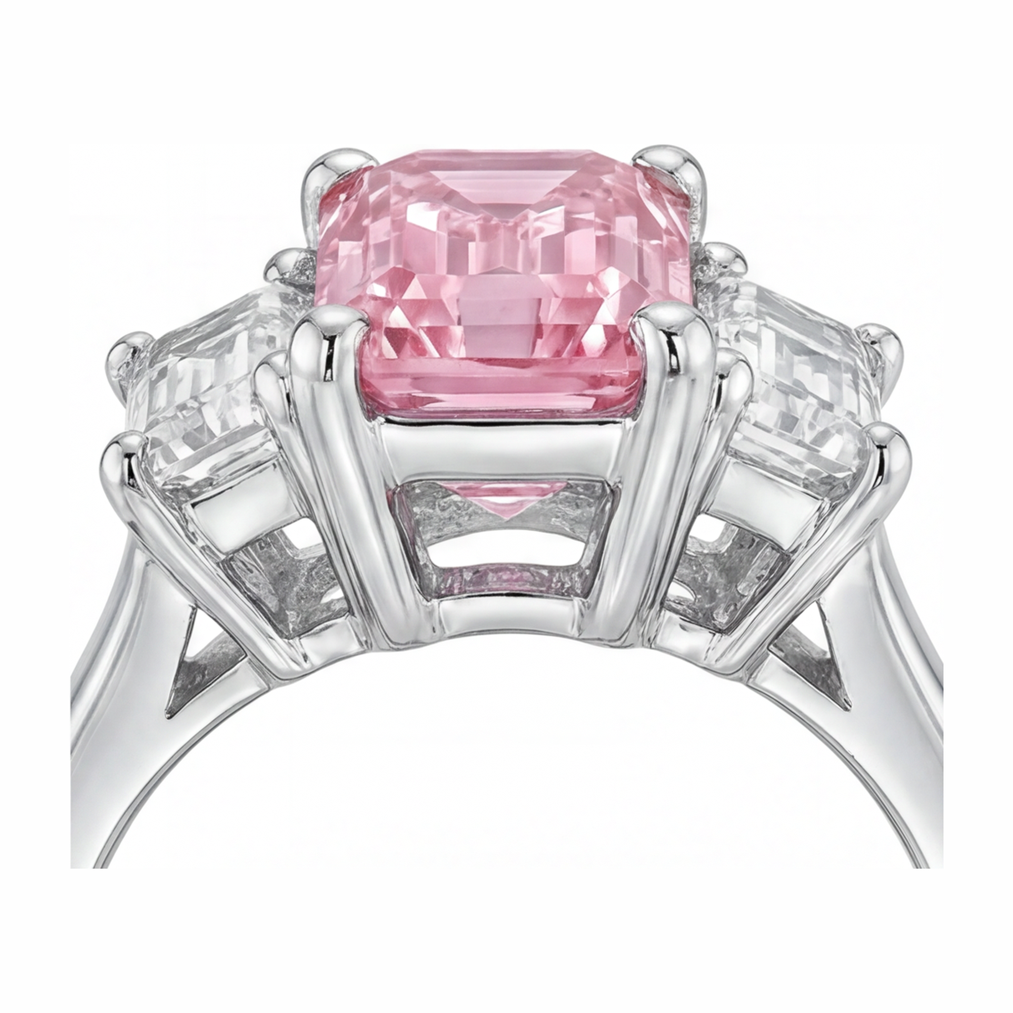 Pink Diamond Engagement Ring 2.5 Carat Lab Grown Emerald Three Stone Cathedral 14K White Gold