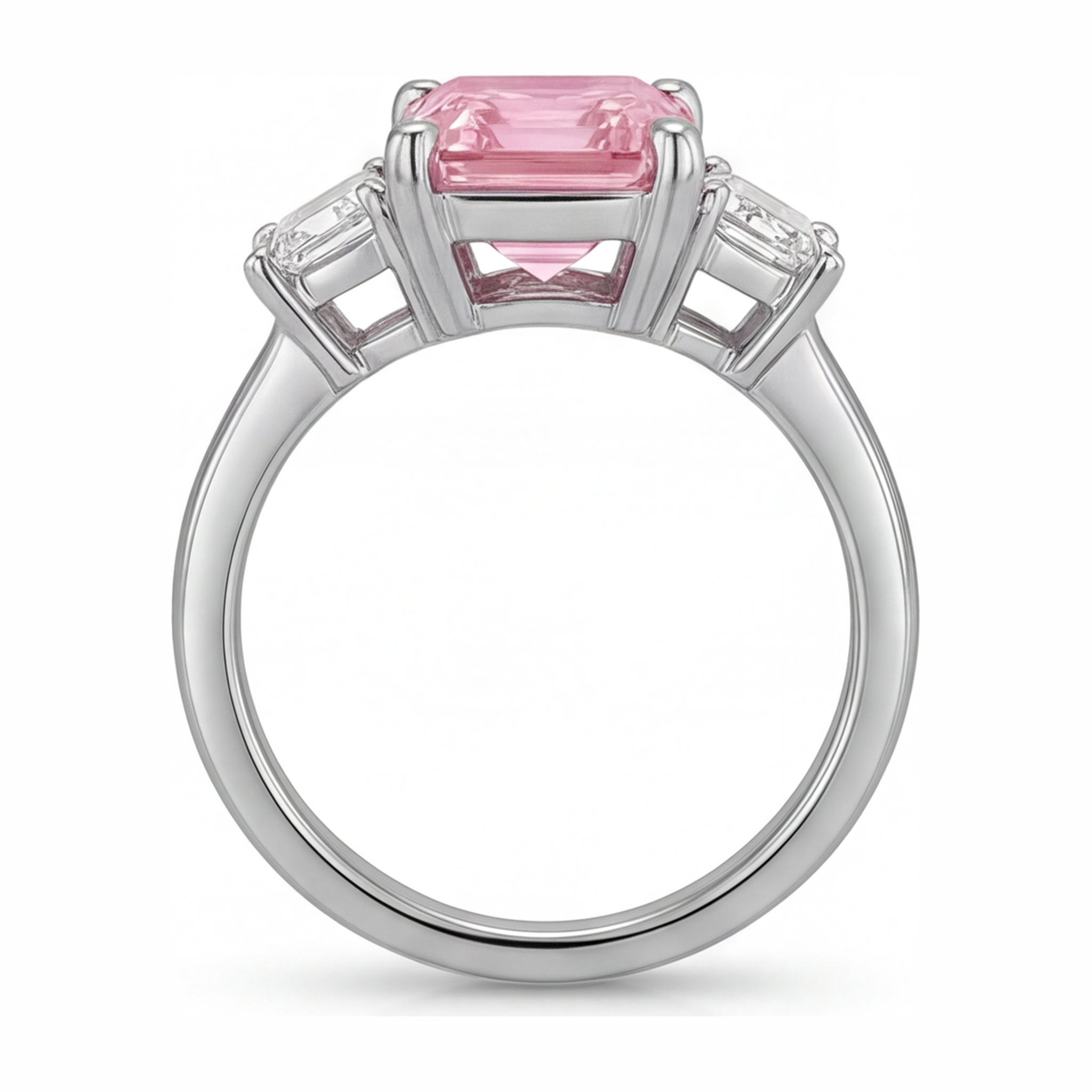 Lab Grown Pink Diamond 2.5 Carat Emerald Three Stone Plain Ring 14K White Gold