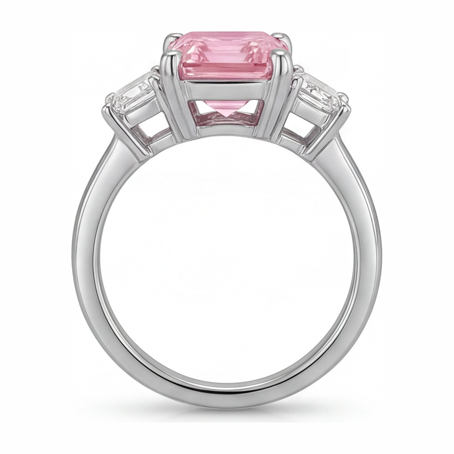 Lab Grown Pink Diamond 2.5 Carat Emerald Three Stone Plain Ring 14K White Gold