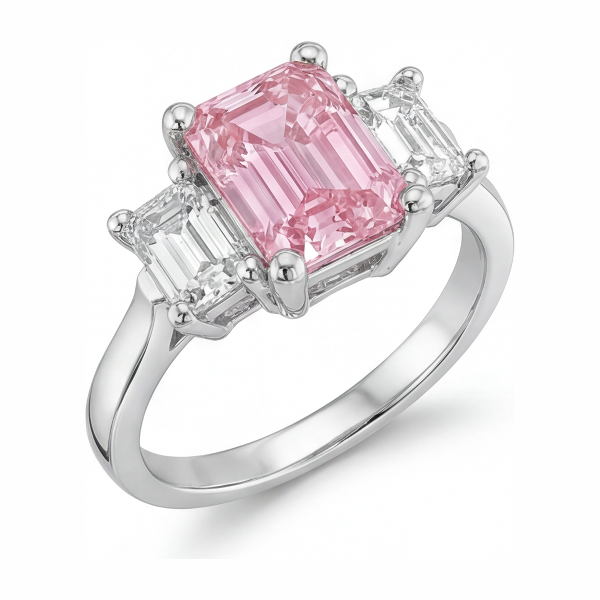 Pink Diamond Engagement Ring 2.5 Carat Lab Grown Emerald Three Stone Cathedral 14K White Gold