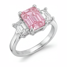 Pink Diamond Engagement Ring 2.5 Carat Lab Grown Emerald Three Stone Cathedral 14K White Gold