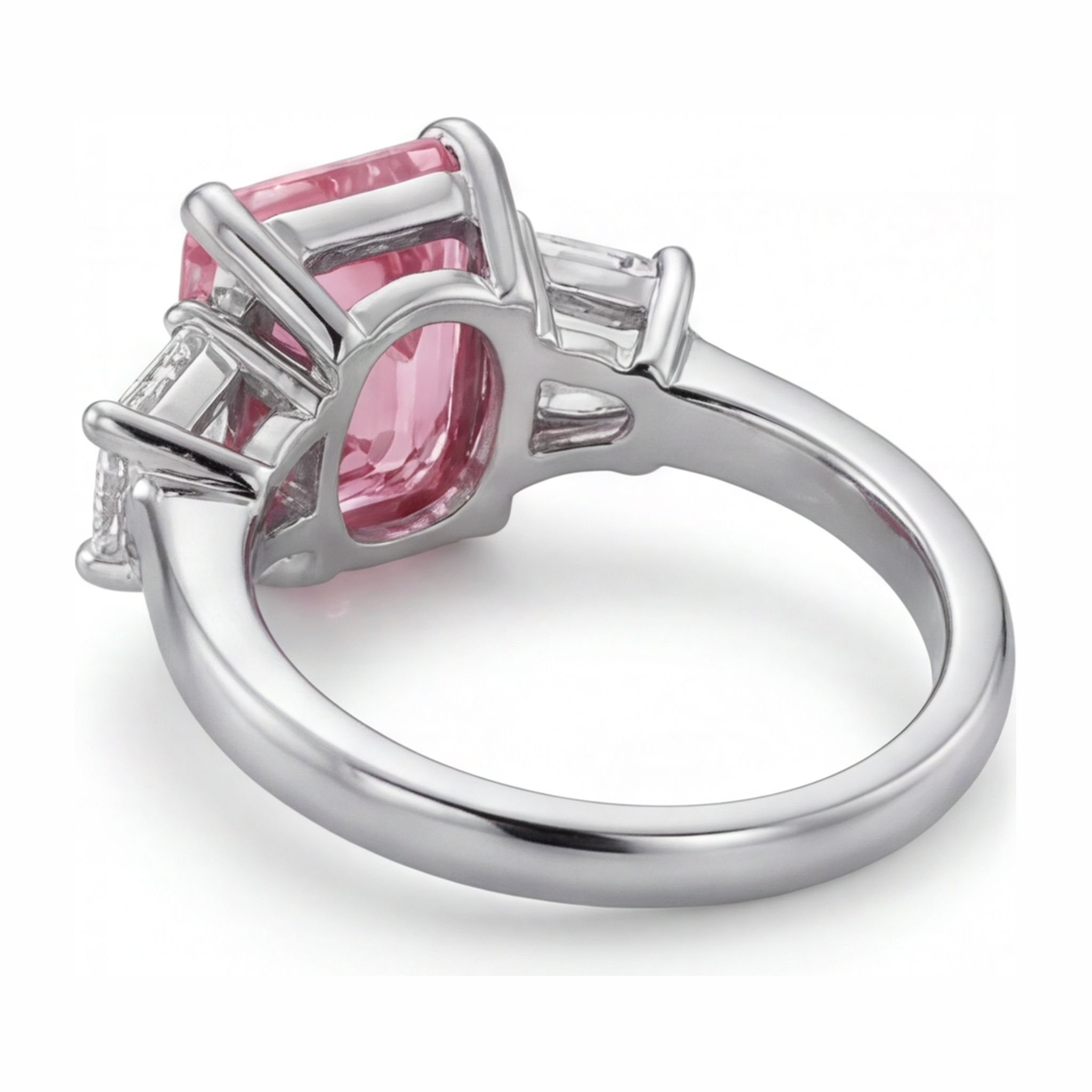 Lab Grown Pink Diamond 2.5 Carat Emerald Three Stone Plain Ring 14K White Gold