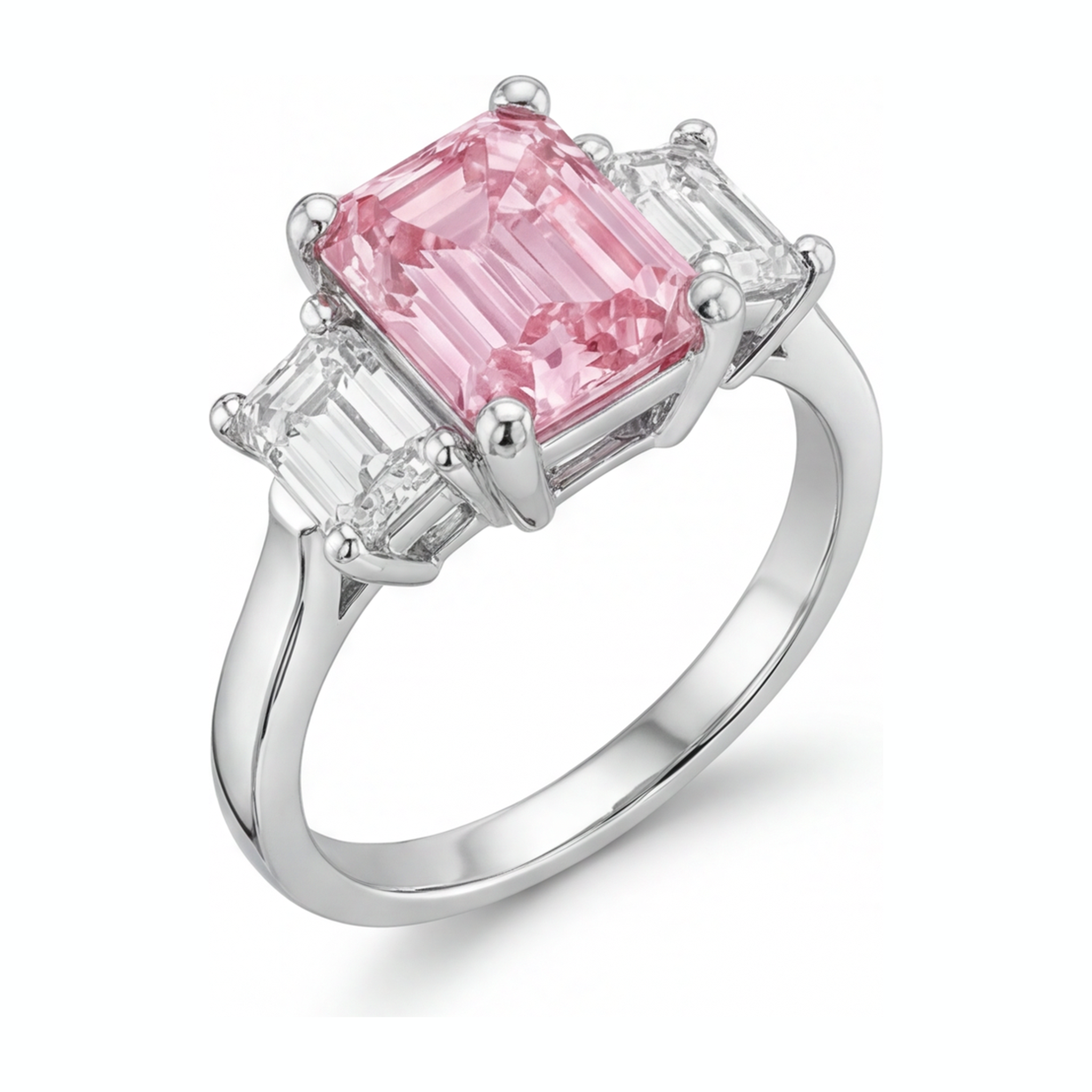 Pink Diamond Engagement Ring 2.5 Carat Lab Grown Emerald Three Stone Cathedral 14K White Gold
