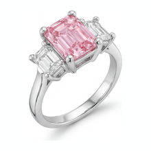 Pink Diamond Engagement Ring 2.5 Carat Lab Grown Emerald Three Stone Cathedral 14K White Gold