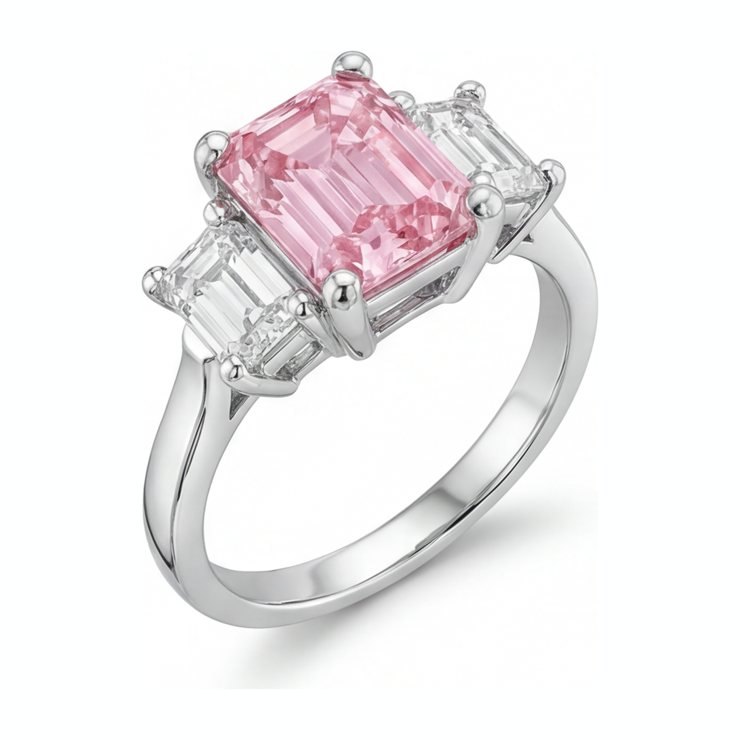 Pink Diamond Engagement Ring 2.5 Carat Lab Grown Emerald Three Stone Cathedral 14K White Gold