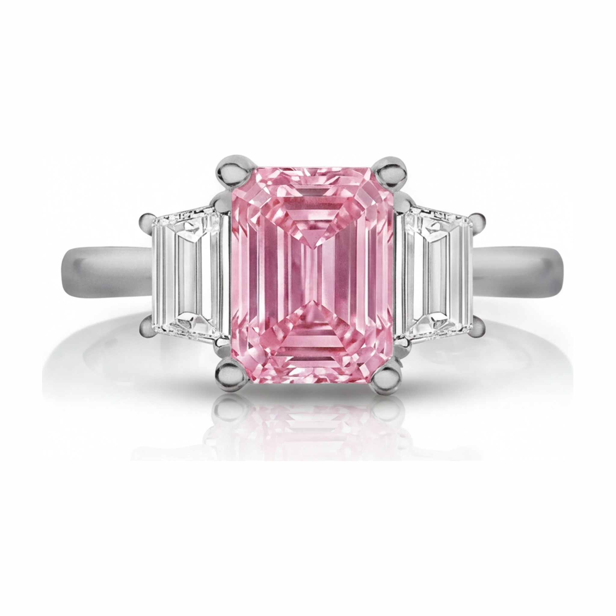 Lab Grown Pink Diamond 2.5 Carat Emerald Three Stone Plain Ring 14K White Gold