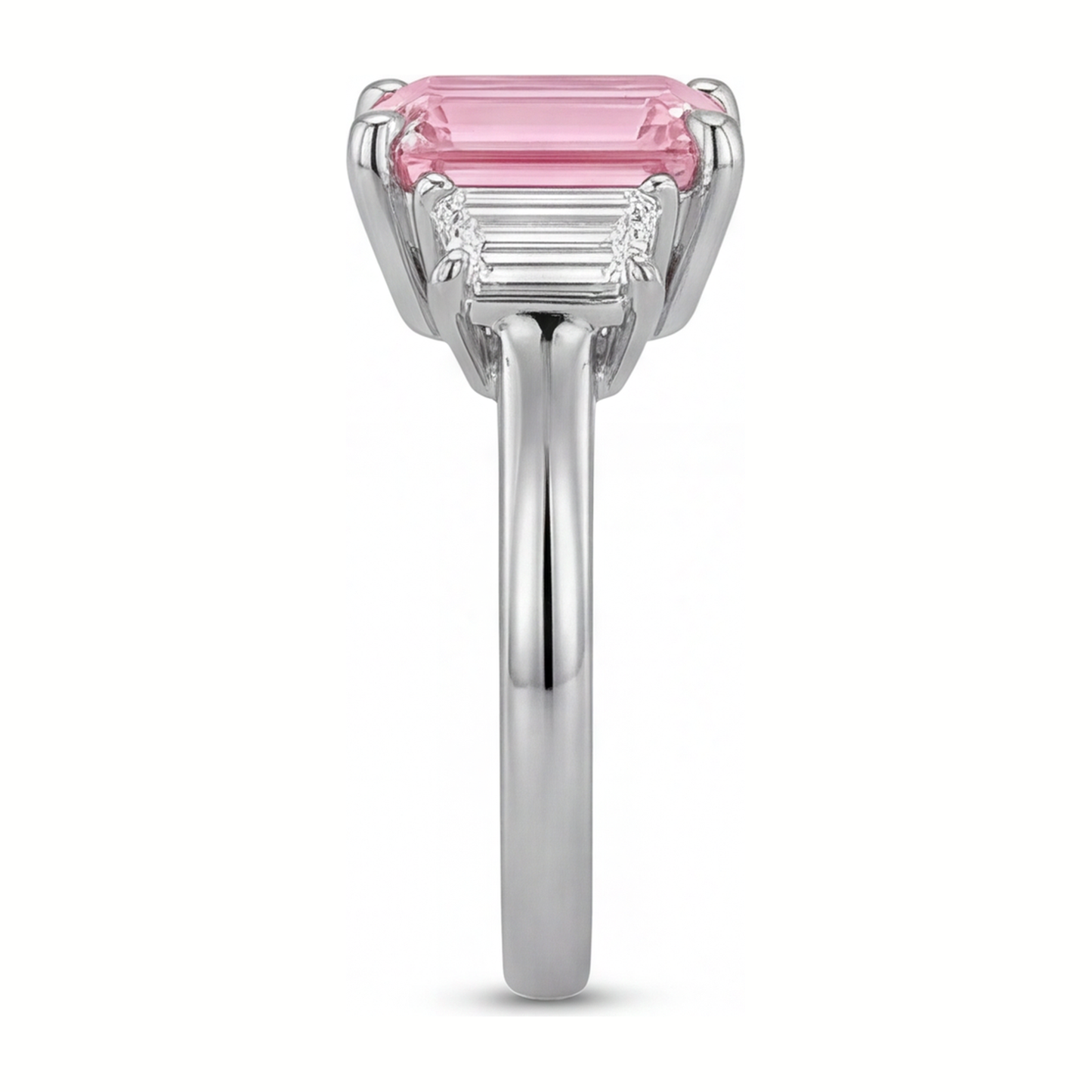 Lab Grown Pink Diamond 2.5 Carat Emerald Three Stone Plain Ring 14K White Gold