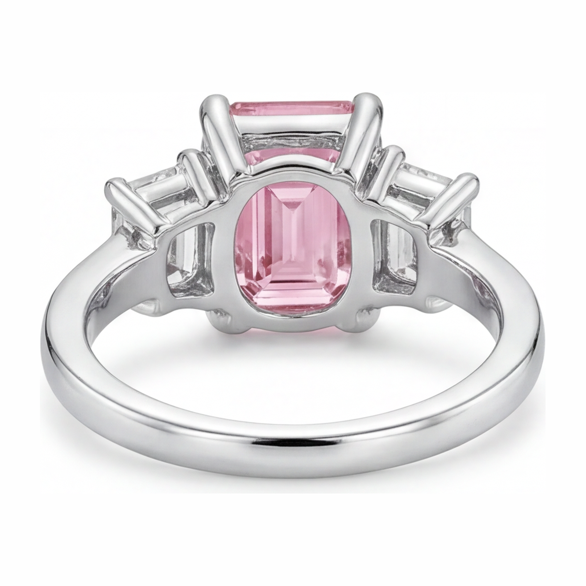 Pink Diamond Engagement Ring 2.5 Carat Lab Grown Emerald Three Stone Cathedral 14K White Gold