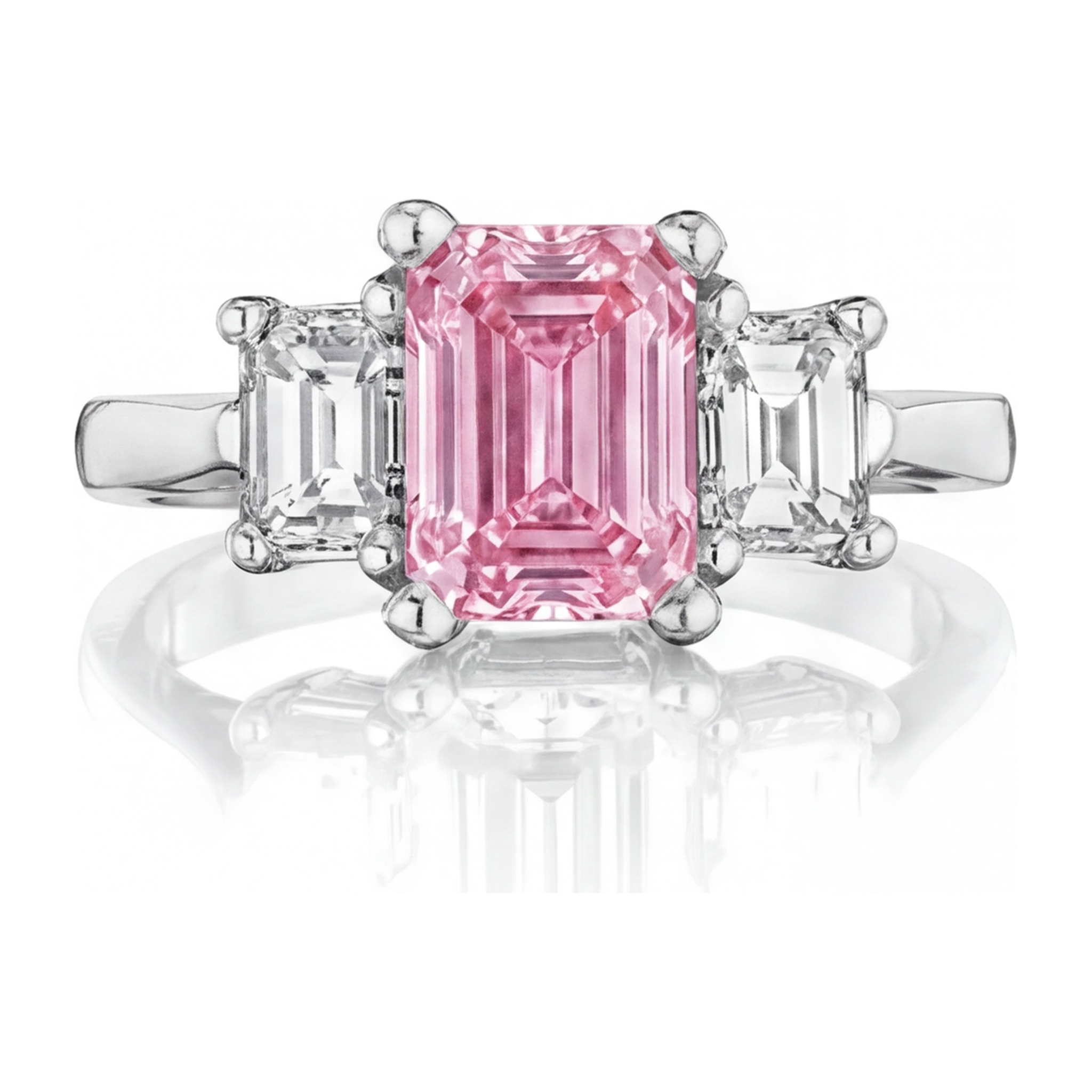 Pink Diamond Engagement Ring 2.5 Carat Lab Grown Emerald Three Stone Cathedral 14K White Gold
