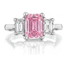 Pink Diamond Engagement Ring 2.5 Carat Lab Grown Emerald Three Stone Cathedral 14K White Gold