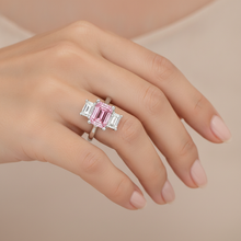 Pink Diamond Engagement Ring 2.5 Carat Lab Grown Emerald Three Stone Cathedral 14K White Gold