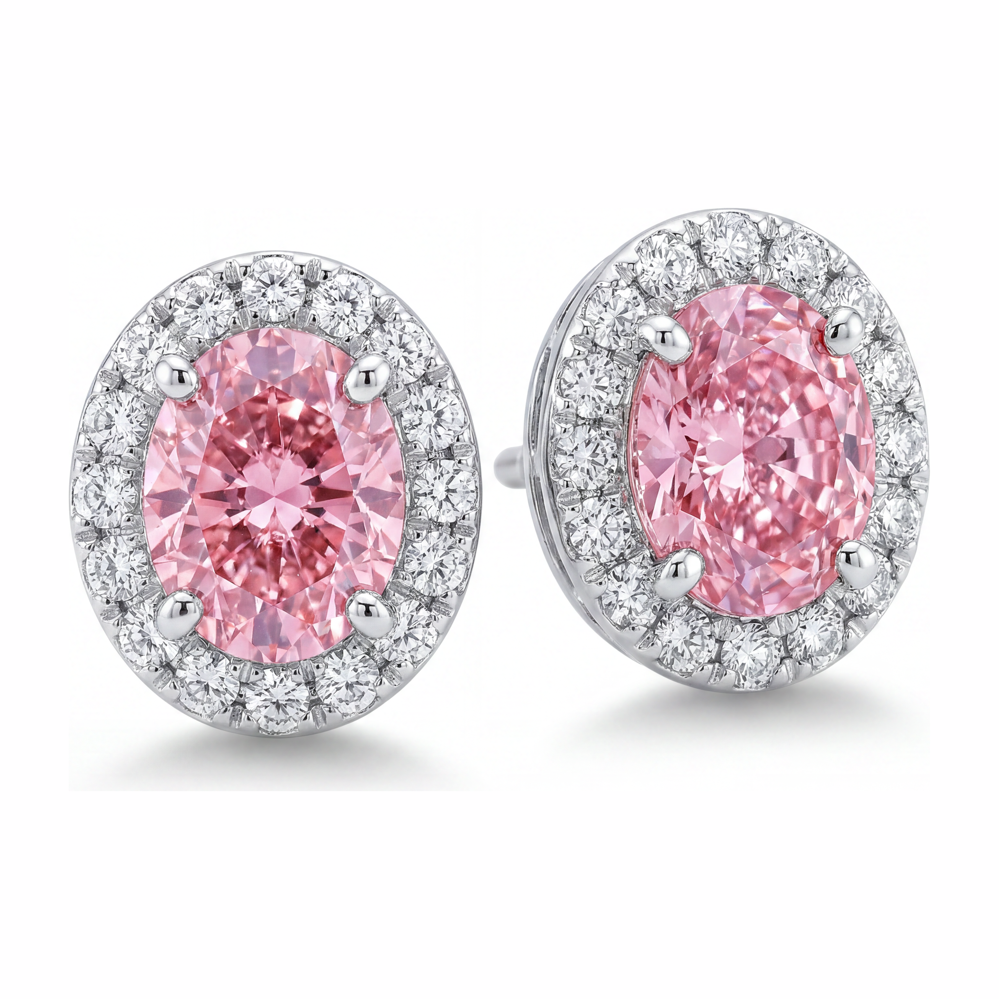 Pink Diamond Drop Earrings 2.5 Carat Lab Grown Oval Halo 14K White Gold