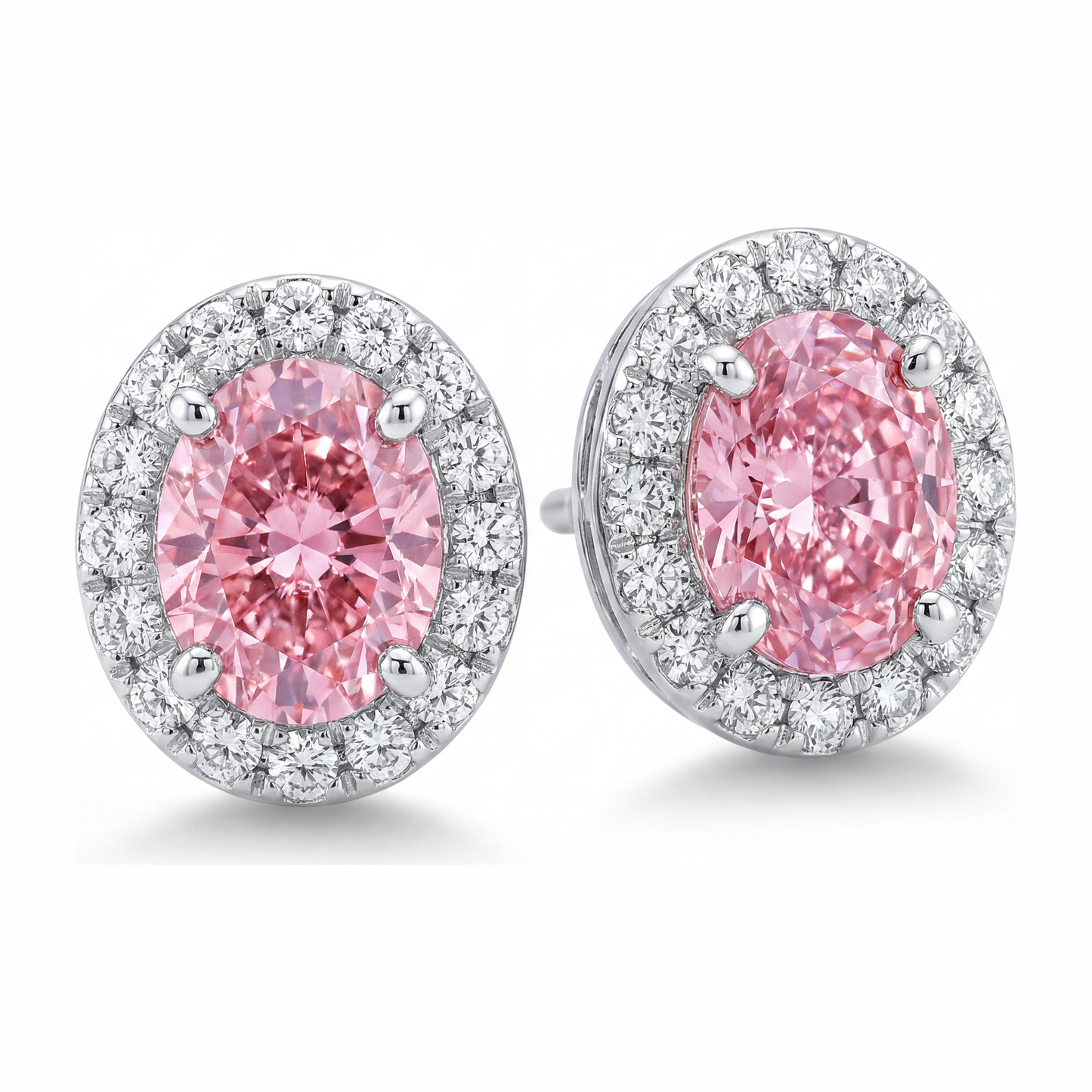 Pink Diamond Drop Earrings 2.5 Carat Lab Grown Oval Halo 14K White Gold