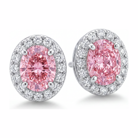 Pink Diamond Drop Earrings 2.5 Carat Lab Grown Oval Halo 14K White Gold
