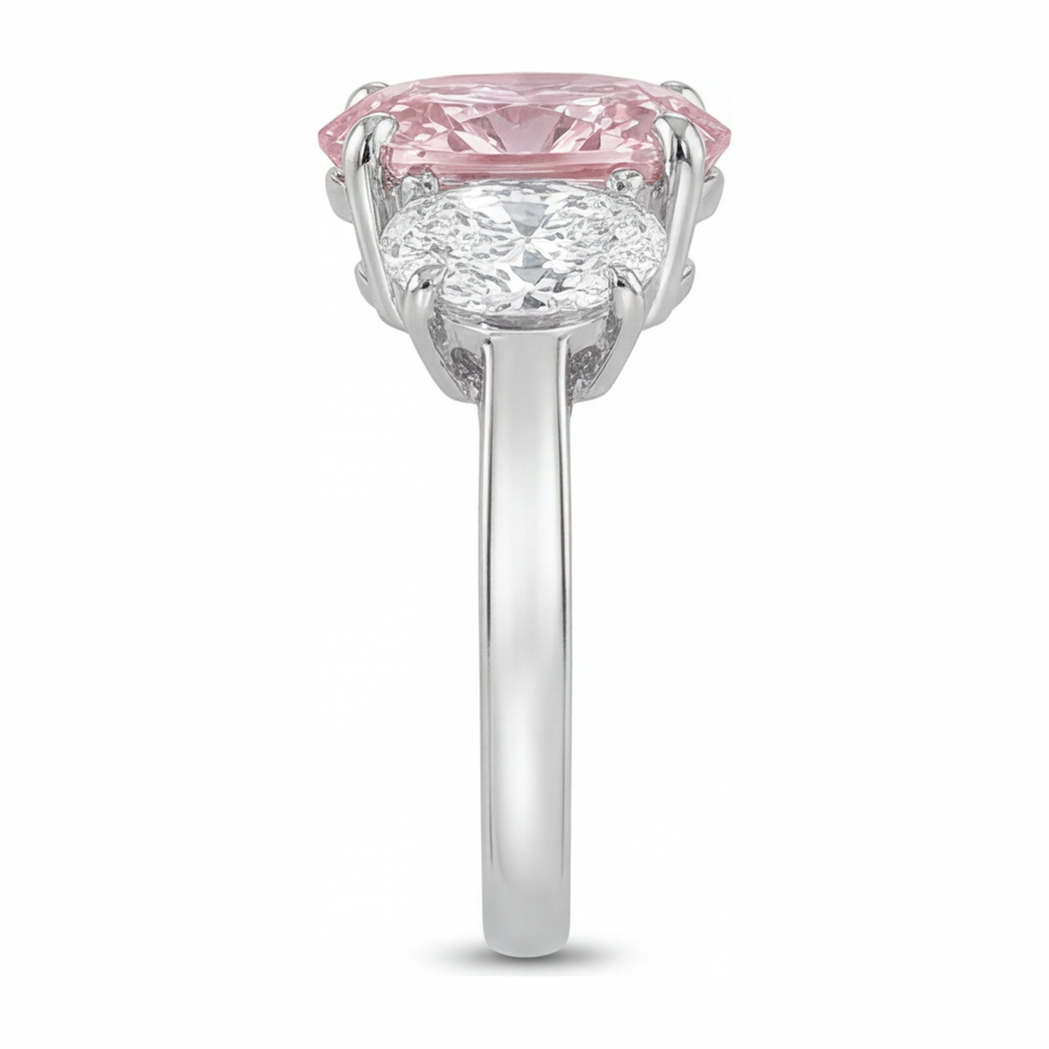 Pink Engagement Ring 2.5 Carat Lab Grown Oval Diamond Three Stone 14K White Gold