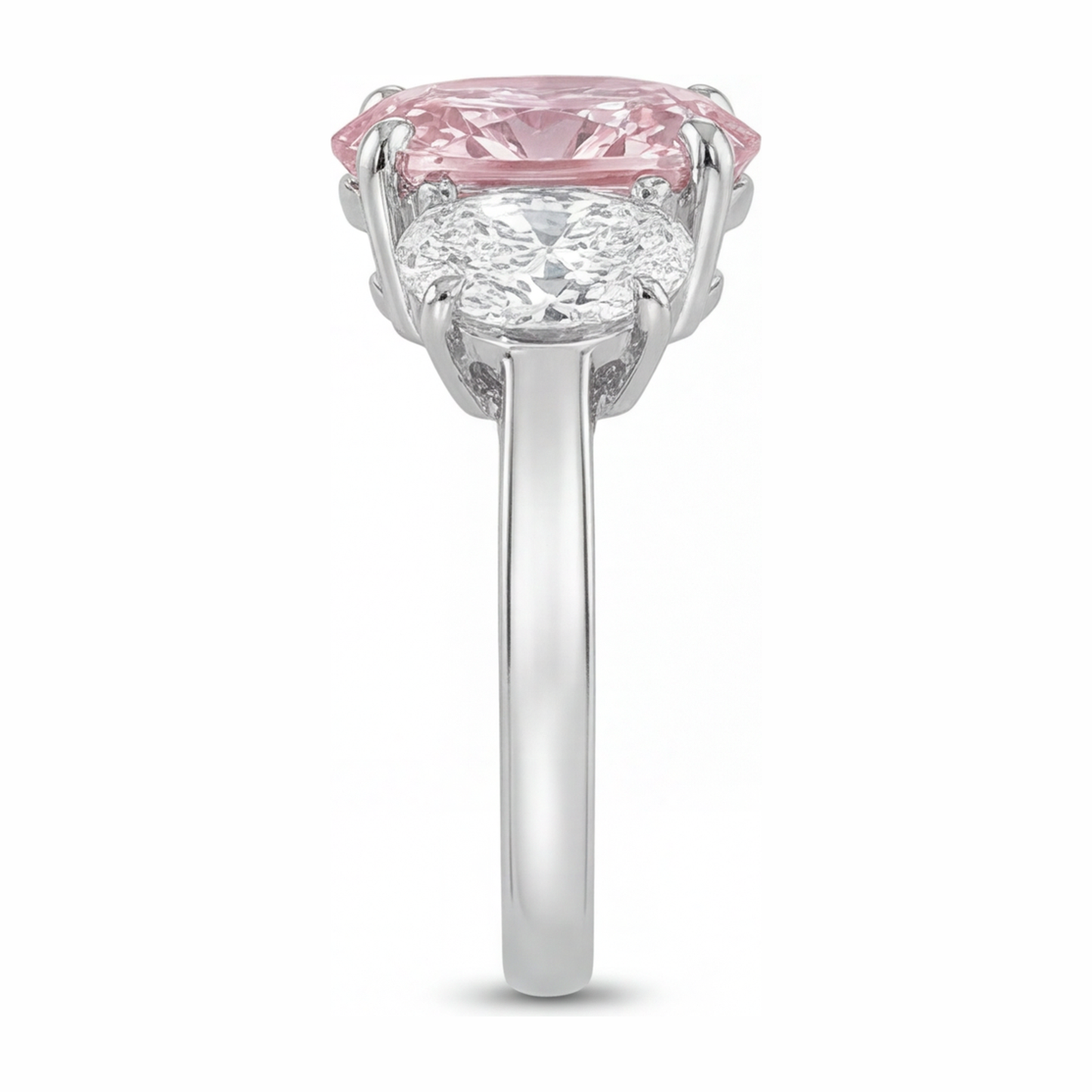 Pink Engagement Ring 2.5 Carat Lab Grown Oval Diamond Three Stone 14K White Gold