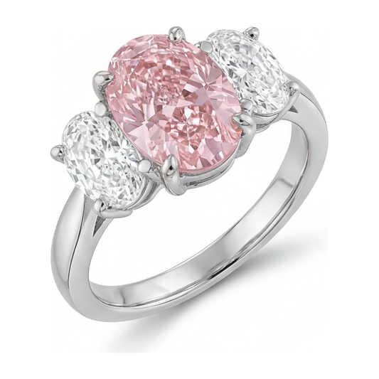 Pink Engagement Ring 2.5 Carat Lab Grown Oval Diamond Three Stone 14K White Gold