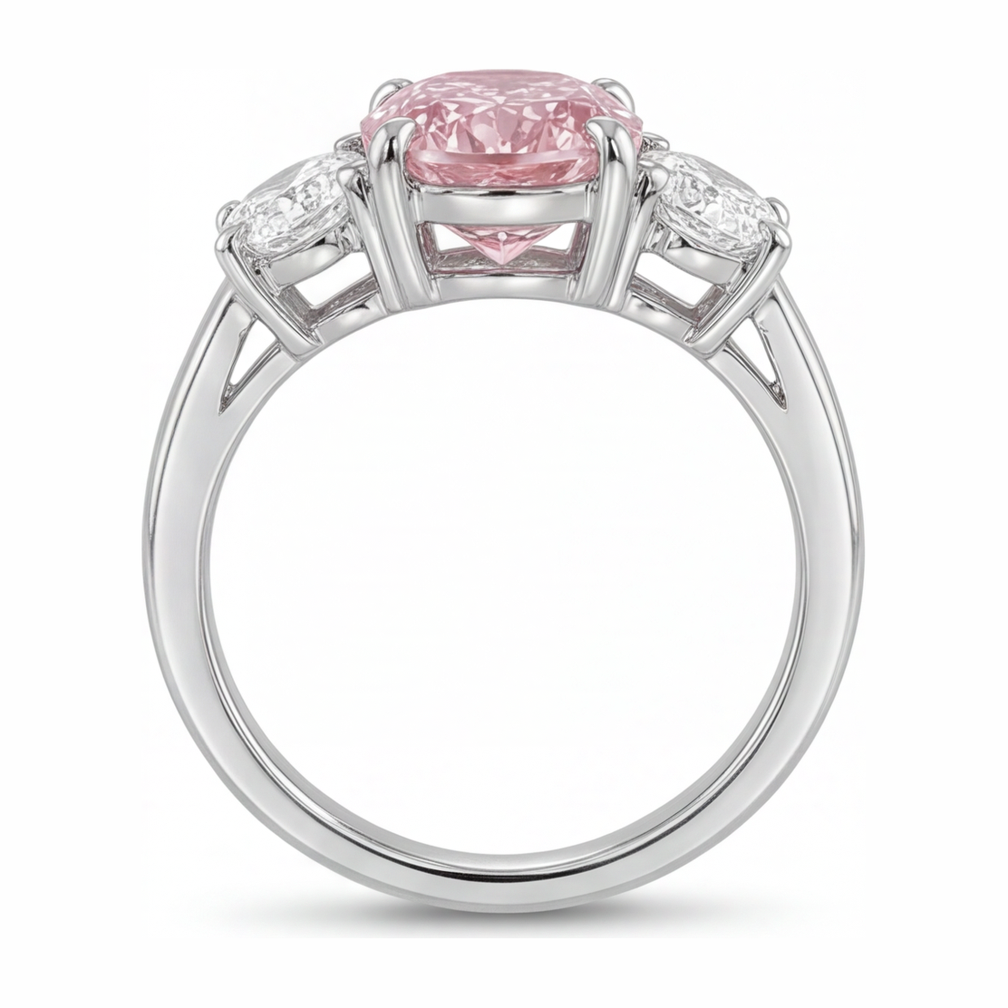 Pink Engagement Ring 2.5 Carat Lab Grown Oval Diamond Three Stone 14K White Gold