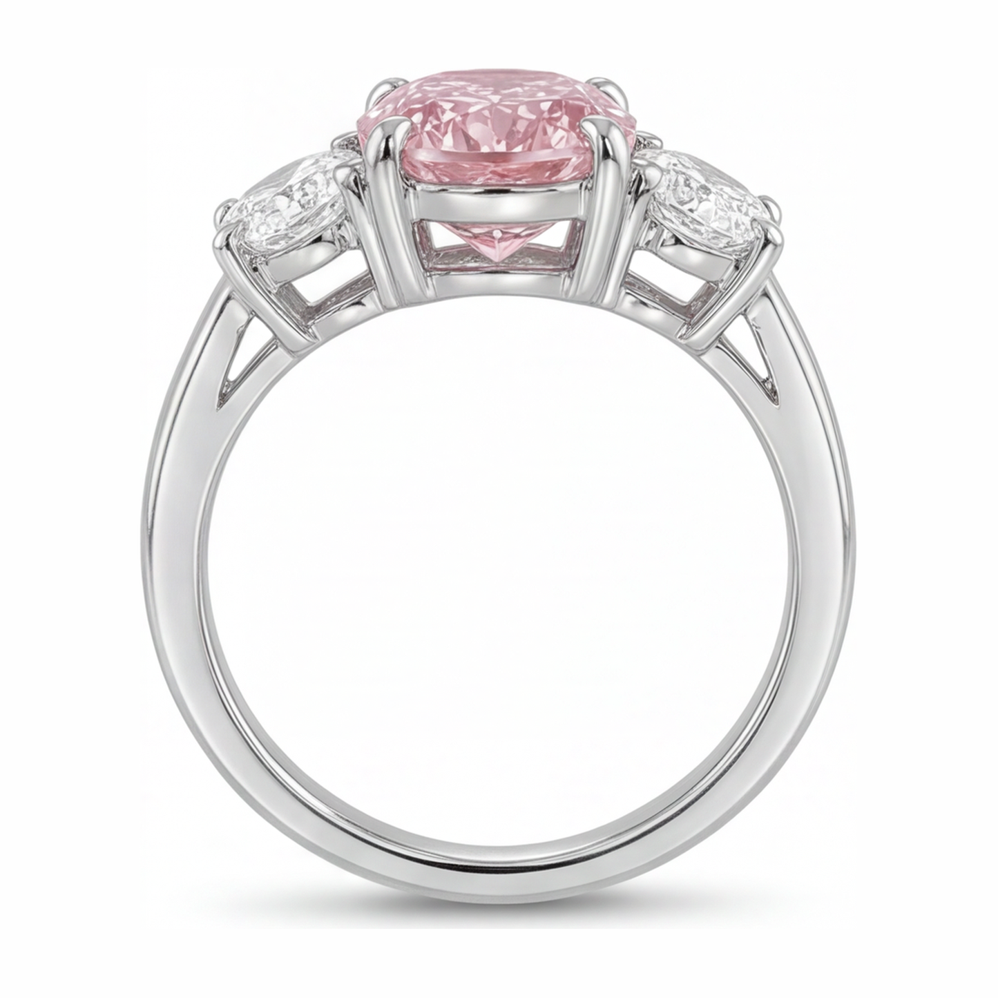 Pink Engagement Ring 2.5 Carat Lab Grown Oval Diamond Three Stone 14K White Gold
