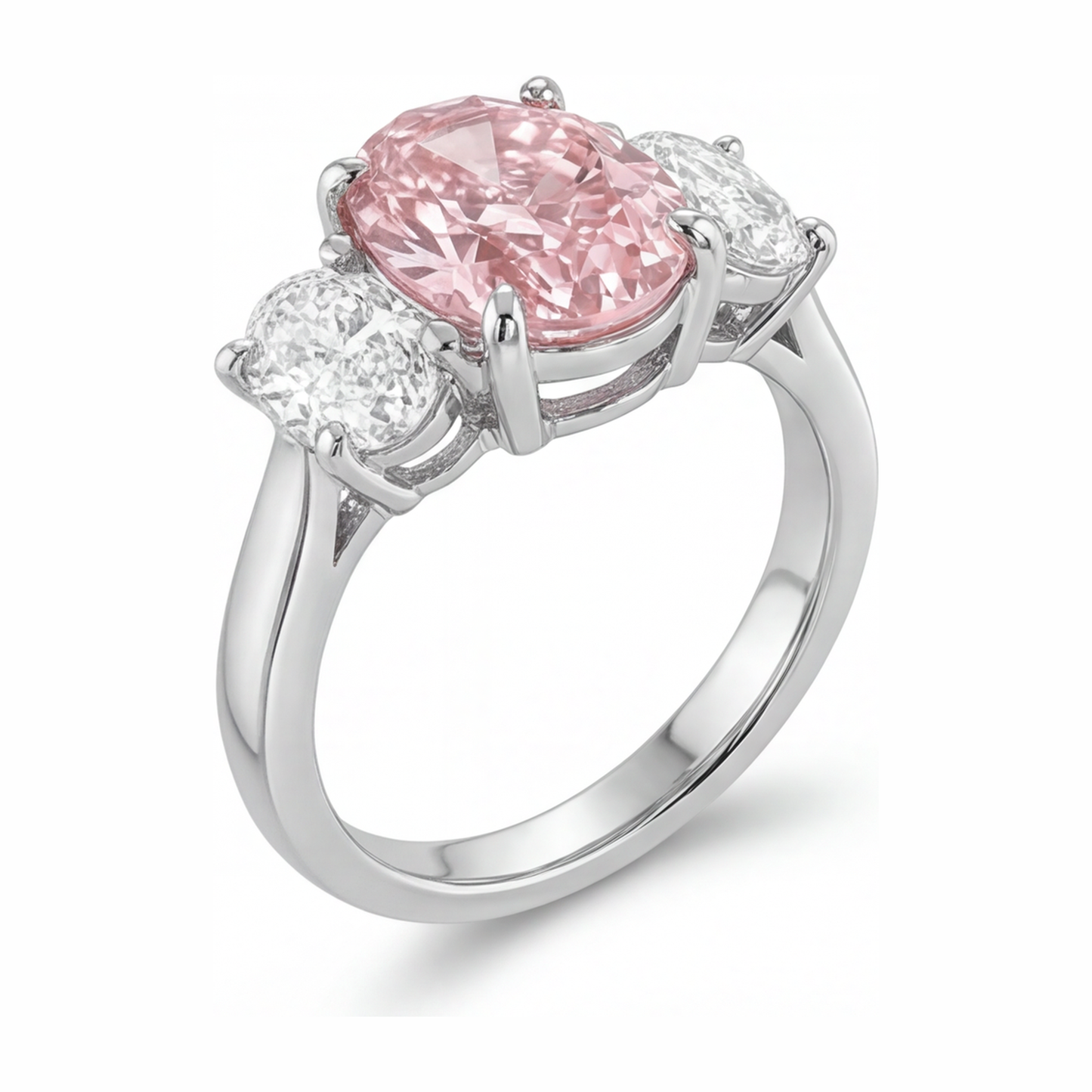 Pink Engagement Ring 2.5 Carat Lab Grown Oval Diamond Three Stone 14K White Gold