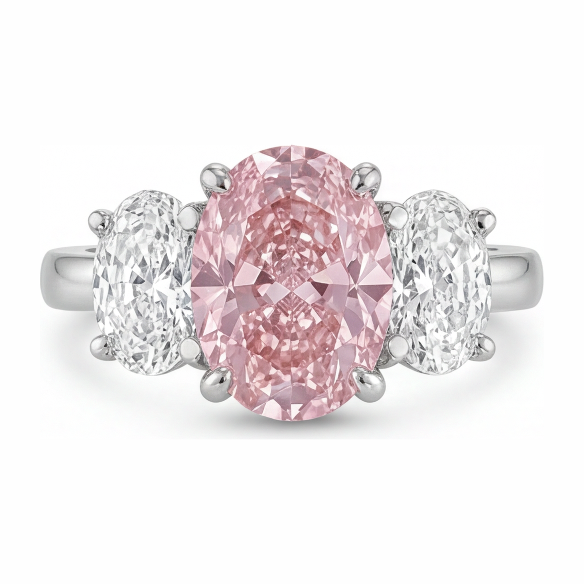 Pink Engagement Ring 2.5 Carat Lab Grown Oval Diamond Three Stone 14K White Gold