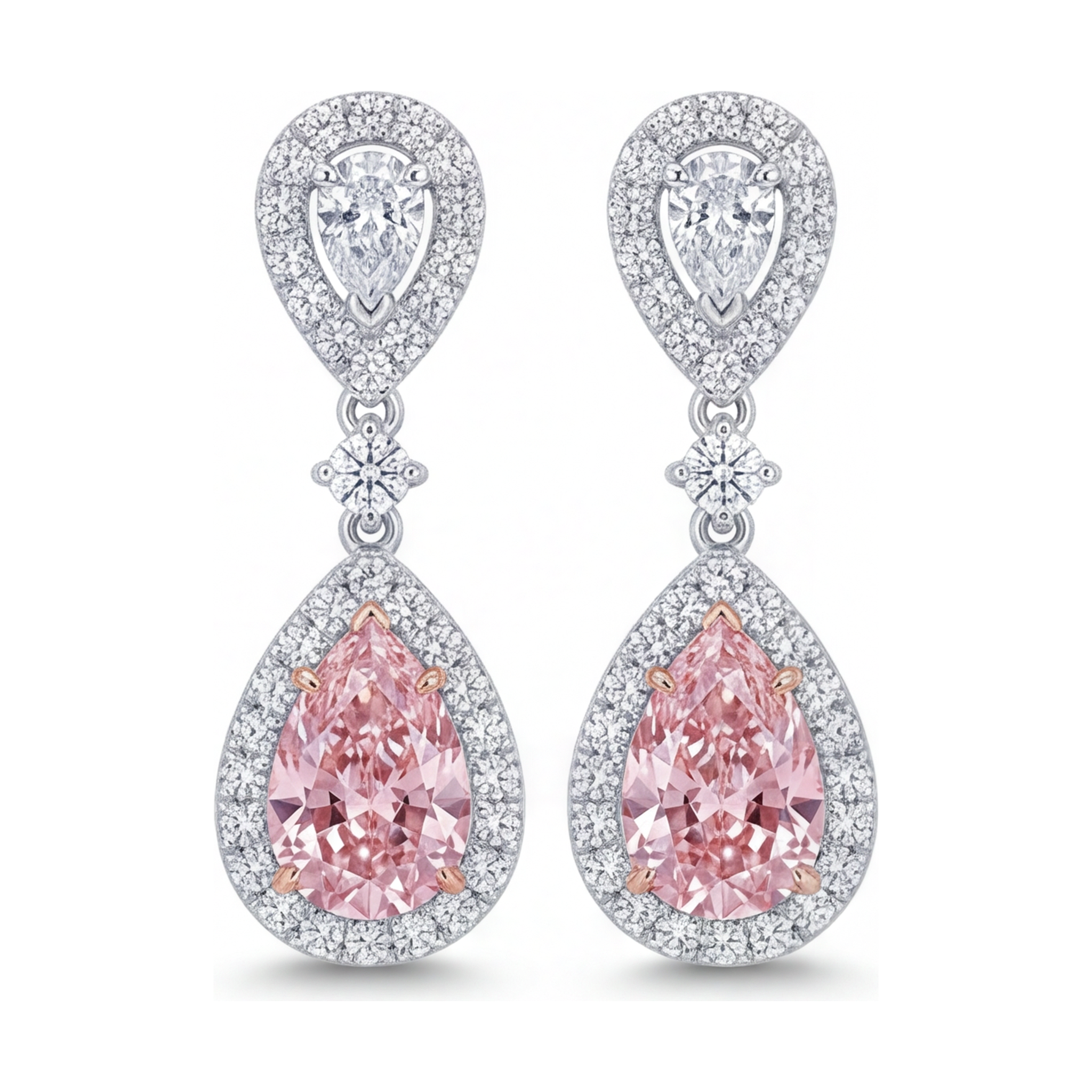 Pink Diamond Earrings 2.5 Carat Lab Grown Pear Halo 14K White Gold